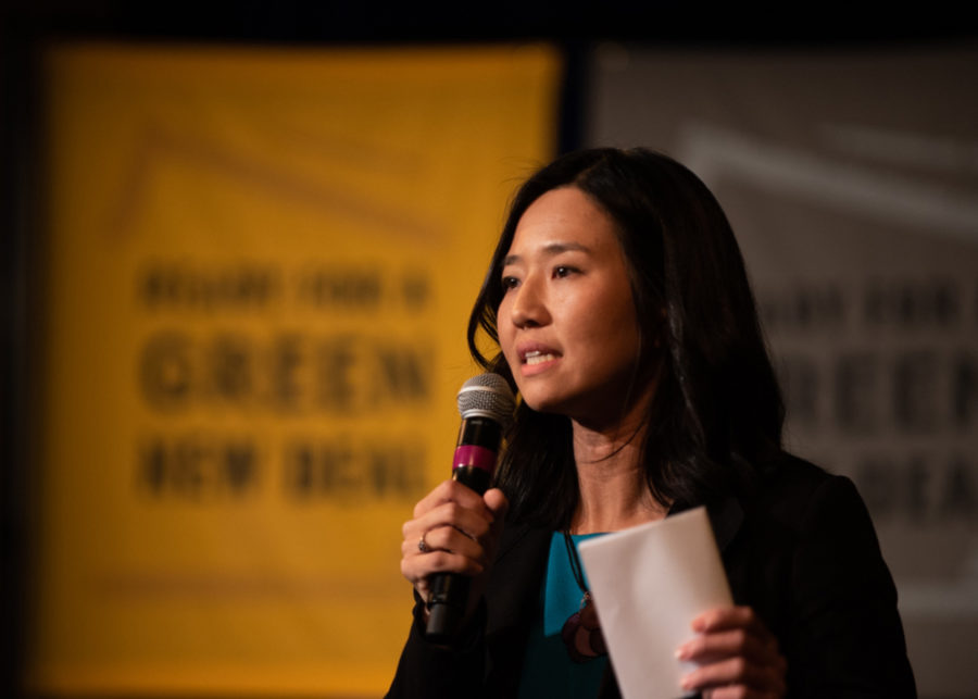 Mayoral candidate Michelle Wu speaks at the Road to a Green New Deal Tour.