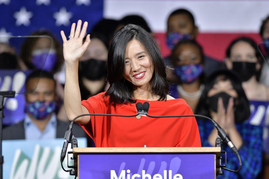 Mayor Michelle Wu speaks to supporters after winning the election.