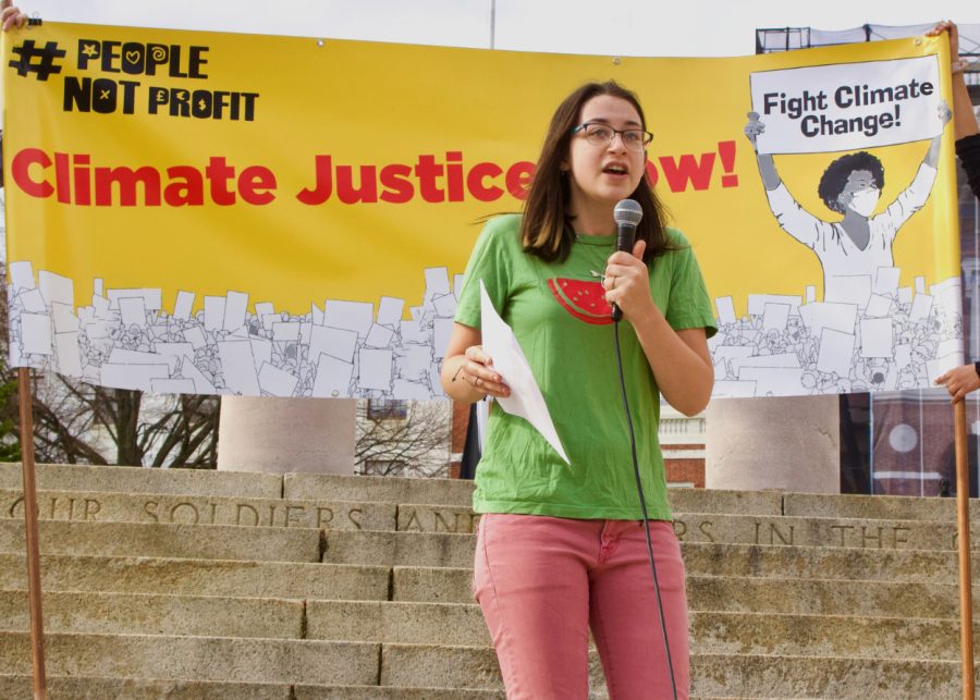 Maya Nelson (II) speaks at the #PeopleNotProfit Boston Climate Strike. (Source: Haley Moll)