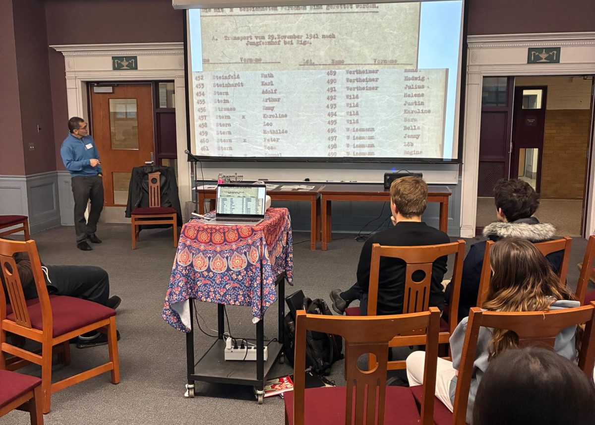 Dr. Alan Stern speaks about his father, a Bergen-Belsen survivor, to BLS students. (Source: Ms. Paula Bowles)