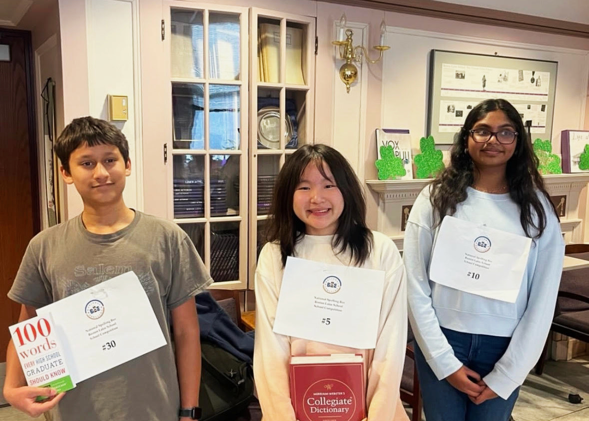 The top three placers for the BLS Spelling Bee smile for a photo. (Source: Ms. Angelene Thompson)